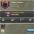 Level 28 [] Silent Killers [] War Log Best [] Win 501 [] Lost Only 288 [] Capital Hall 10 [] League Crystals-1 [] BEST 