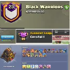 Clan Level 23 -- Clan Name  Black Warriors  -- Crystal 1 League --- Capital hall 10 -- Win 299 and loss 221 -- fast deli
