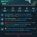 [MODDED PEARL] L50 HANDCANNON (CRYO) - 998K DPS - 77 ACC - 9.1 FIRE RATE - 0.4S RELOAD - RICOCHET - INSANE!