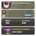 1000UP WAR PLAYED | LVL 31 AUSSIE WARLORDZ | 791 WINS | CAPITAL 10 | CRYSTAL I | 0-STREAK | INSTANT DELIVERY | AVAILABLE