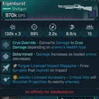 [MODDED PEARL] L50 EIGENBURST (CRYO) - 970K DPS - 99 ACC - 8.9s FIRE RATE - ON RELOAD THROWS 2 HOMING GYROGETS!