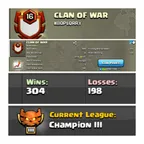 [RARE ENGLISH] [] NAME : CLAN OF WAR  [] LEVEL: 16 [] CAPITAL HALL: 3 [] WAR WON: 304 [] CWL: CHAMPION 3