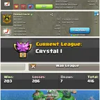CLAN LEVEL 19CRYSTAL LEAGUE 1NAME: FRIEND CIRCLE  RARE ENGLISH NAME  CLAN CAPITAL 9 || WIN- 203 | LOSS- 206 LOW P