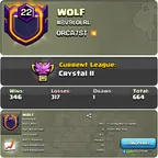 Level 22 [] WOLF [] Unique Clan [] Capital Hall 10 [] League Crystals-2 [] War Win 346 [] Lost 317 [] BEST-DEAL